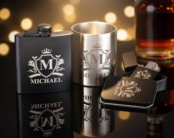 Personalized Flask & Whiskey Cup Set, Engraved Stainless Steel Tumbler, Custom Lighter Gift, Groomsmen Gift for Men