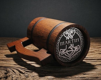 Viking Personalized Beer Stein Mug - Thor's Hammer Mjolnir Engraved Oak Tankard, Norse Gift for Beer Lovers