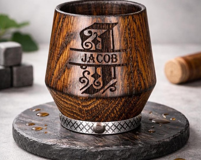 Featured listing image: Personalized Whiskey Glass – Handcrafted Charred Oak Bourbon Tumbler with Rustic Style & Deep Wood Engraving