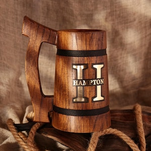 Handmade Oak Beer Mug: Personalized Wooden Tankard, Engraved Gift