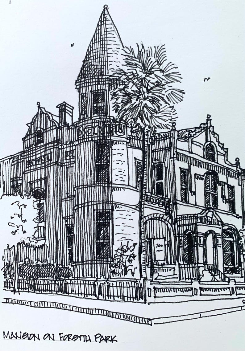 Savannah, Georgia , Mansion on Forsyth Park, Pen and Ink Limited Print ...