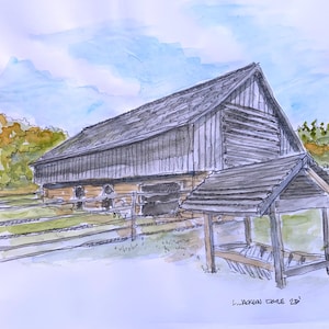 May include: Watercolor and ink illustration of a weathered barn with a lean-to roof. The barn is gray with a dark roof, set against a backdrop of green grass, a wooden fence, and a blue sky with clouds. Signed by the artist.