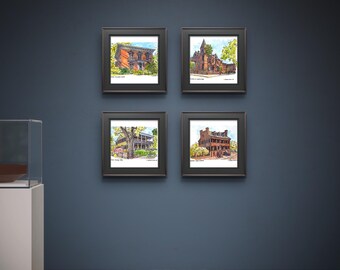 Savannah, Georgia,Four Mansion Prints, Watercolor Pen Ink Set, L. Jackson Doyle Art