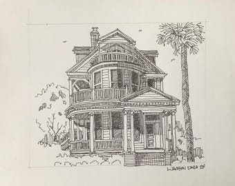 Savannah, Georgia , Forsyth Park Victorian Mansion, pen and ink limited print.