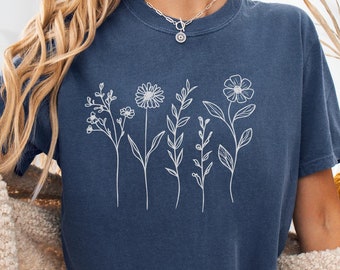 Koszulka Comfort Colors Wildflower: Minimalistyczny t-shirt z motywem botanicznym