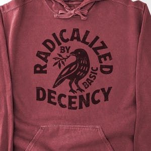 May include: Maroon hoodie with a drawstring hood and a front pocket. The front displays a black graphic of a raven holding a sprig, with the text "RADICALIZED BY BASIC DECENCY" in a circular arrangement.
