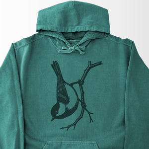 Chickadee Hoodie Comfort Colors®, Vintage Drawn Bird Sweatshirt, Nature Lover Gift, Garment Dyed Fabric Seafoam