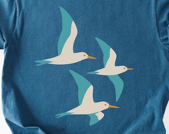 Camiseta de gaviota de mediados de siglo, camiseta de aves costeras, gráfico minimalista del océano, colores cómodos, camiseta de playa unisex