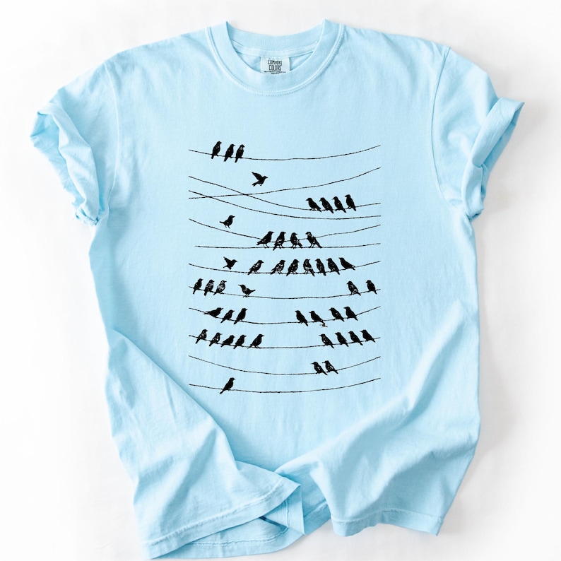 Op de afbeelding: Lichtblauw T-shirt met een zwarte afbeelding van vogels die op elektriciteitsdraden zitten. De vogels zijn in rijen gerangschikt, met enkele vogels die tussen de draden vliegen. Het shirt is gemaakt van zacht materiaal en heeft een ronde hals.