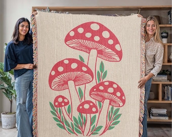 Mushroom Cottagecore Woven Blanket – Rustic Home Decor Throw