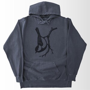 Chickadee Hoodie Comfort Colors®, Vintage Drawn Bird Sweatshirt, Nature Lover Gift, Garment Dyed Fabric Denim
