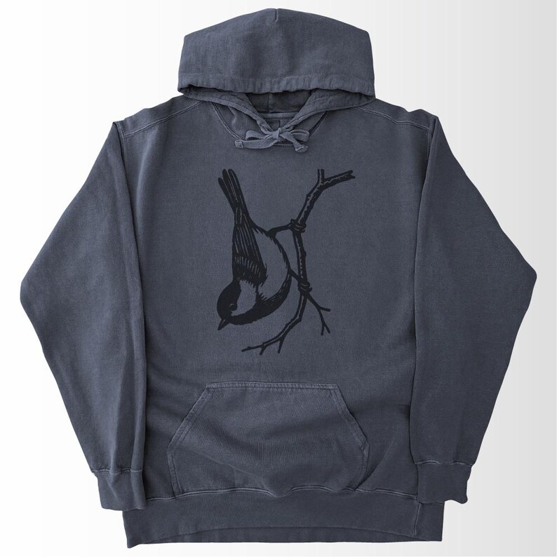 Chickadee Hoodie Comfort Colors®, Vintage Drawn Bird Sweatshirt, Nature Lover Gift, Garment Dyed Fabric Denim