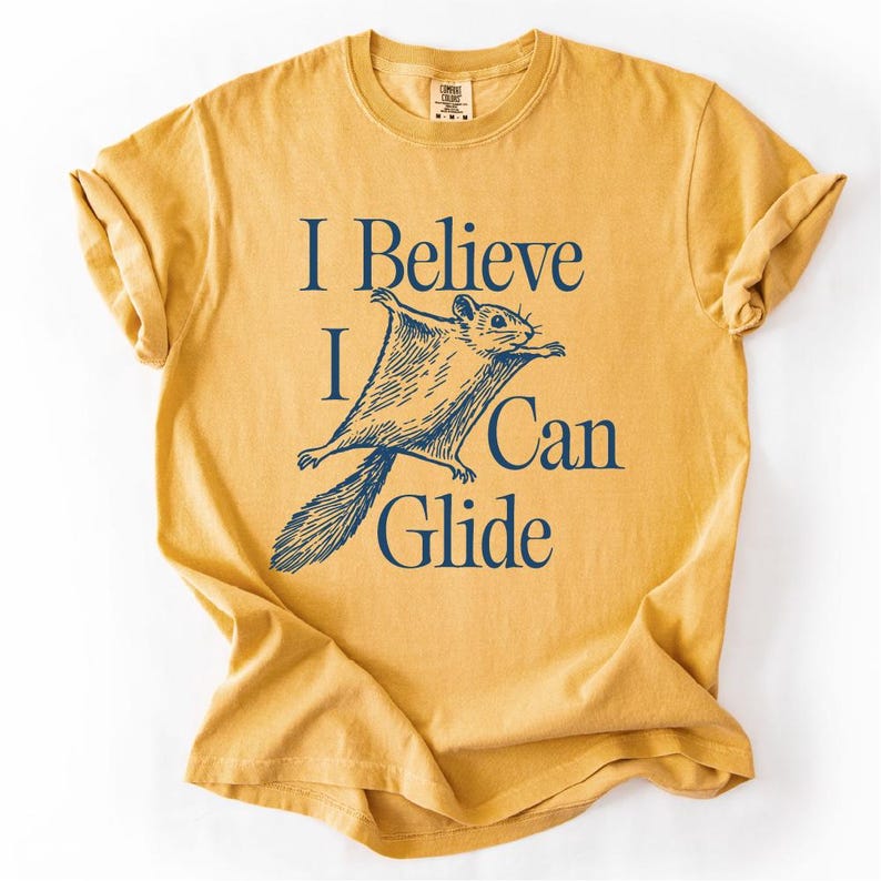 Flying Squirrel Graphic Tee, Funny Woodland Shirt Mustard