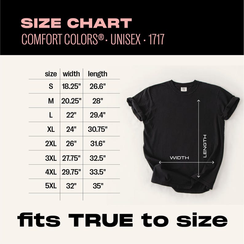 Op de afbeelding: Zwart unisex T-shirt met een maattabel. De tabel bevat breedte- en lengtematen in centimeters, vari&euml;rend van maat S tot 5XL. De tekst "fits TRUE to size" wordt ook weergegeven.
