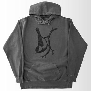 Chickadee Hoodie Comfort Colors®, Vintage Drawn Bird Sweatshirt, Nature Lover Gift, Garment Dyed Fabric Grey
