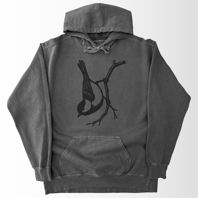 Chickadee Hoodie Comfort Colors®, Vintage Drawn Bird Sweatshirt, Nature Lover Gift, Garment Dyed Fabric Grey