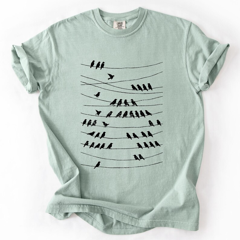 Op de afbeelding: Lichtgroen t-shirt met een zwarte afbeelding van vogels op elektriciteitsdraden. Het ontwerp toont vogels in rijen, sommige in vlucht. Het t-shirt heeft een ronde hals en korte mouwen.