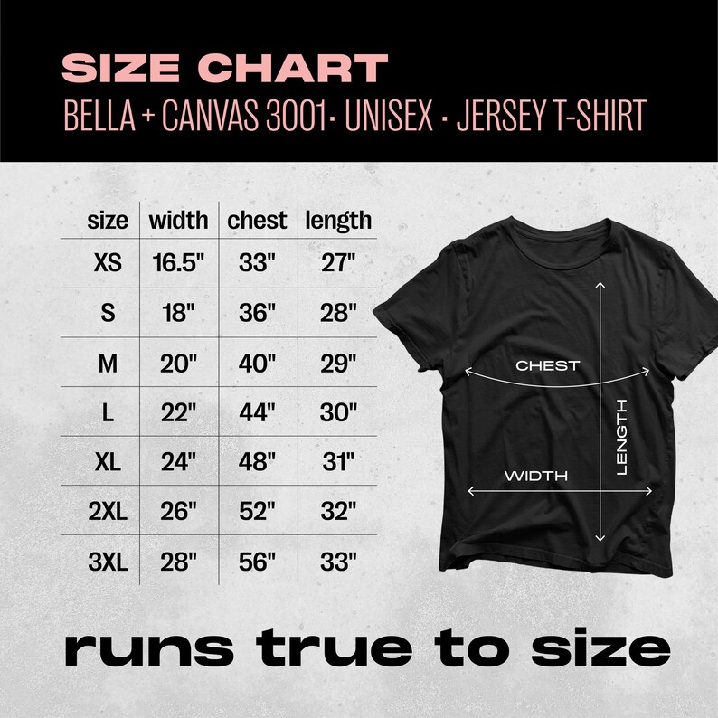 May include: Size chart for a unisex jersey t-shirt, showing measurements for chest, width, and length in inches. The chart includes sizes XS to 3XL. The text "runs true to size" is displayed below the chart.