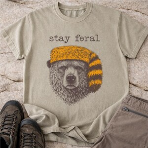 Stay Feral Bear Graphic Tee, Outdoorsy Wildlife Shirt Khaki