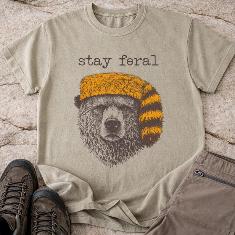 Stay Feral Bear Graphic Tee, Outdoorsy Wildlife Shirt Khaki