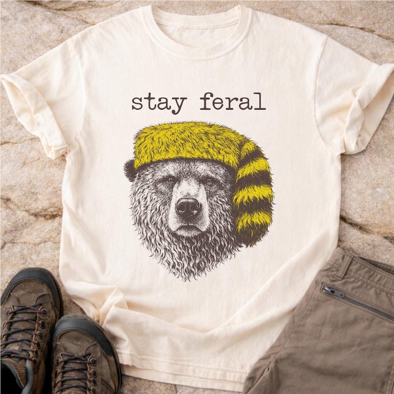Stay Feral Bear Graphic Tee, Outdoorsy Wildlife Shirt Ivory