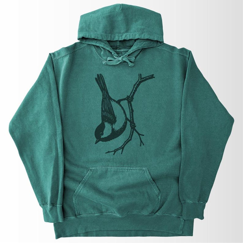 Chickadee Hoodie Comfort Colors®, Vintage Drawn Bird Sweatshirt, Nature Lover Gift, Garment Dyed Fabric Seafoam
