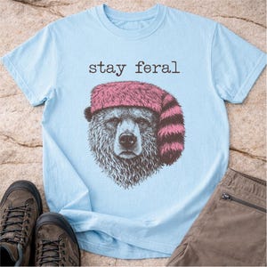 Stay Feral Bear Graphic Tee, Outdoorsy Wildlife Shirt Chambray