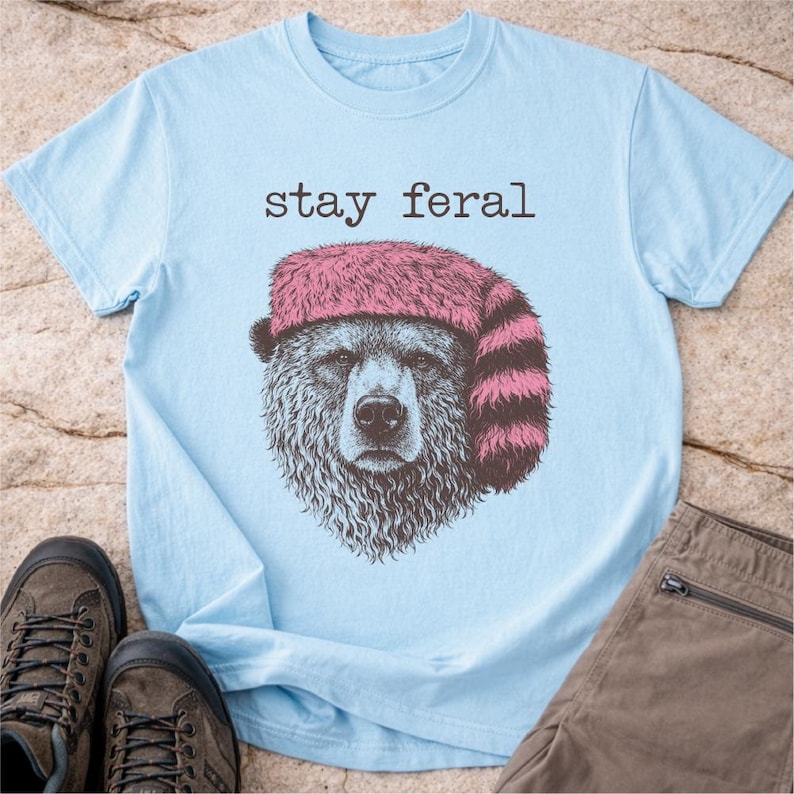 Stay Feral Bear Graphic Tee, Outdoorsy Wildlife Shirt Chambray