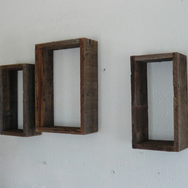 Weathered barnwood wall shelves shadow box style trioreclaimed wood wall decor