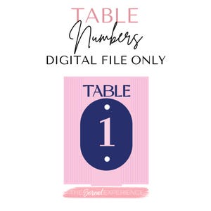 May include: A pink table number card with the number 1 in white, set against a navy blue oval. The card has a textured background and the words "TABLE" and "DIGITAL FILE ONLY" are displayed in the image.