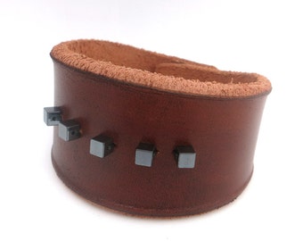 Brown Rawhide Leather Cuff Bracelet with Hemetite Beads