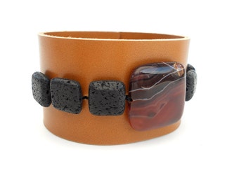 Caramel Leather Bracelet with Black Lava Stone Beads, Handmade Leather Jewelry, Women's Leather Accessories
