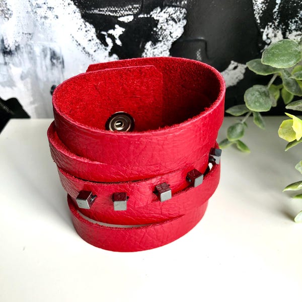 Handmade Beaded Red Leather Cuff Bracelet, See Through Slits: Wide Leather Cuff