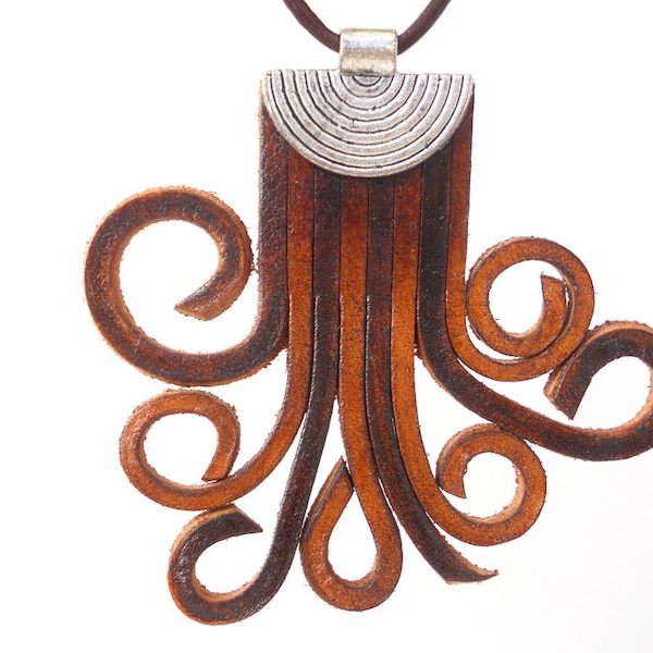 Leather Fringe Swirl Necklace, Unique Handmade Artisan Jewelry for Women