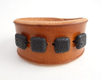 Rawhide Leather Bracelet with Black Lava Stone Beads, Leather Jewelry, Leather Accessories for Women