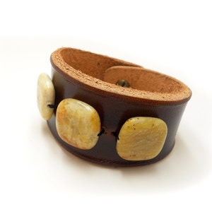 Brown Leather Wristband with Yellow Jade Stone Beads, Handmade Leather Jewelry, Women's Leather Accessories, Rawhide image 4