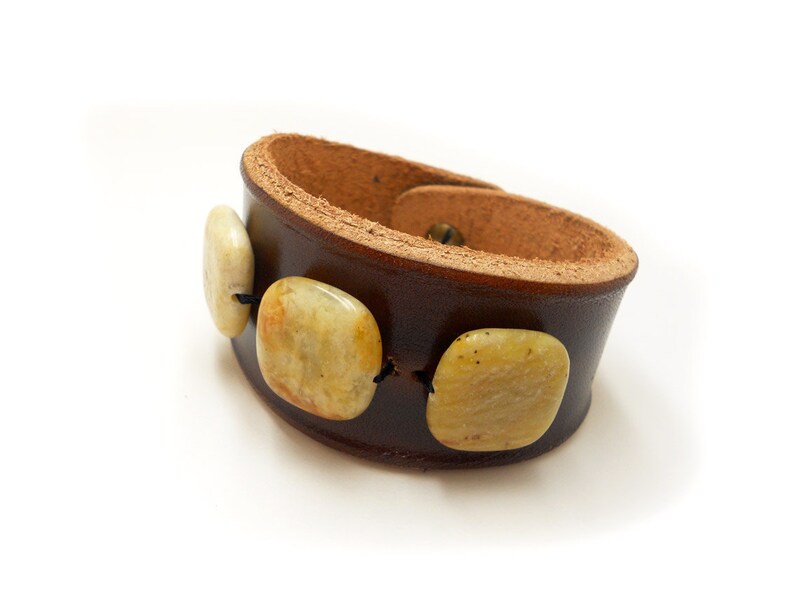 Brown Leather Wristband with Yellow Jade Stone Beads, Handmade Leather Jewelry, Women's Leather Accessories, Rawhide image 4