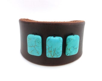 Women's Rawhide Leather Cuff Bracelet with Turquoise Colored Beads, Leather Jewelry, Leather Accessories