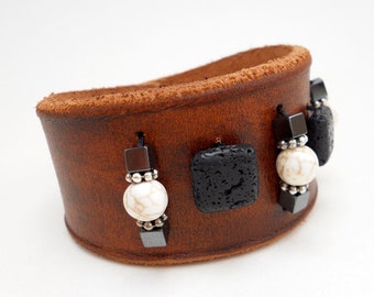 Beaded Leather Cuff Bracelet, Leather Jewelry