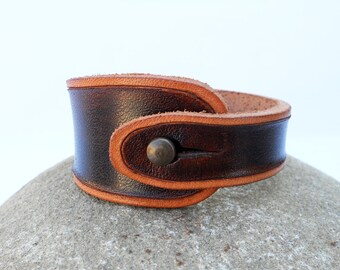 Hand Carved Leather Bracelet Wristband, Walnut Brown with Tan Trim, Leather Jewelry, Handmade Leather Accessorry