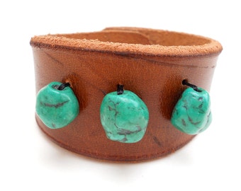 Brown Beaded Leather Cuff Bracelet with Teal Beads, Handmade Leather Jewelry, Leather Accessories for Women