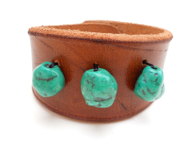 Brown Beaded Leather Cuff Bracelet with Teal Beads, Handmade Leather Jewelry, Leather Accessories for Women image 1