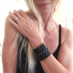 Snakeskin Leather Wrap Bracelet: Handmade Black Leather Cuff with Silver Beads