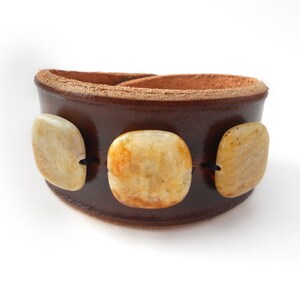 Brown Leather Wristband with Yellow Jade Stone Beads, Handmade Leather Jewelry, Women's Leather Accessories, Rawhide image 1