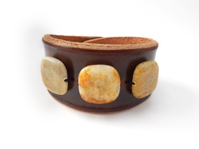 Brown Leather Wristband with Yellow Jade Stone Beads, Handmade Leather Jewelry, Women's Leather Accessories, Rawhide image 1