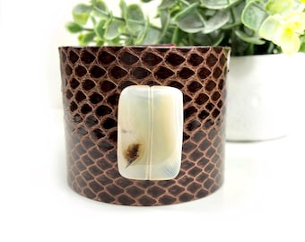 Handmade Snakeskin Cuff Bracelet: Brown Leather with Carnelian Stone