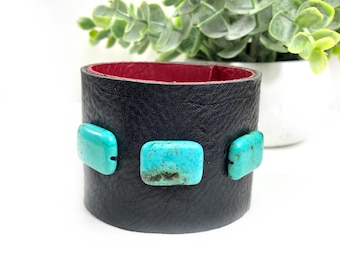 Wide Black Leather Cuff Bracelet with Turquoise Colored Beads, Artisan Jewelry