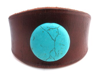 Women's Leather Bracelet with Turquoise Colored Howlite Bead, Leather Jewelry, Leather Accessories