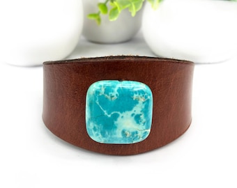 Handmade Genuine Leather Cuff Bracelet with Turquoise Colored Stone Bead and Adjustable Strap