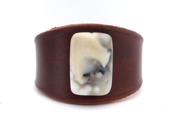 Leather Cuff Bracelet with White Carnelian Stone Bead and Adjustable Band, Unique Handmade Artisan Leather Jewelry for Women